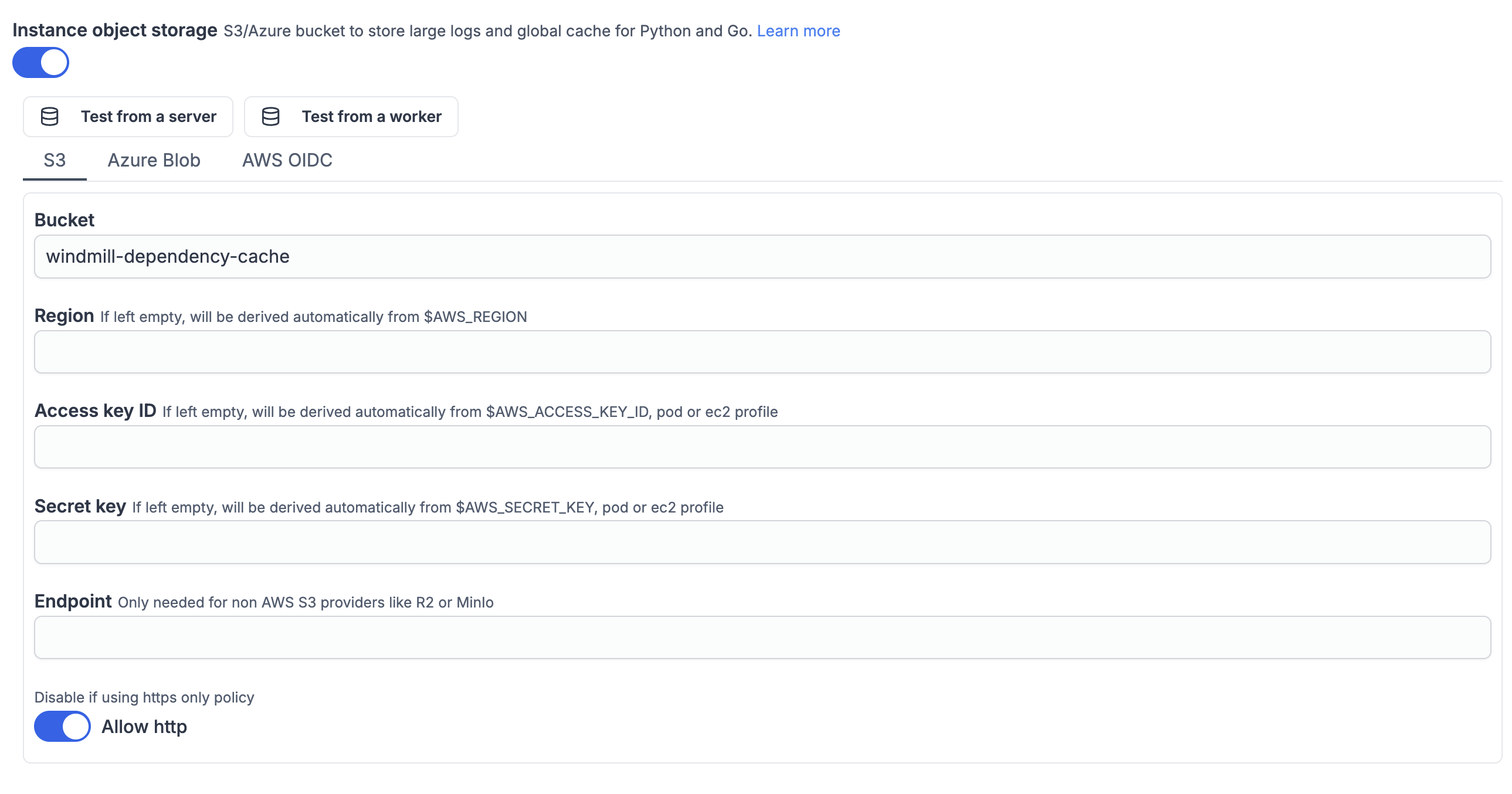 S3/Azure for Python/Go cache & large logs S3/Azure for Python/Go cache & large logs
